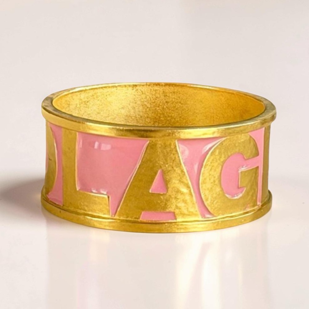 Rare Vintage 80s Karl Lagerfeld Pink Enamel Gold Logo Letters Bangle Bracelet 8”